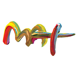 Isolated signature that says MAX and is written in a multiple colored brushstroke of paint.