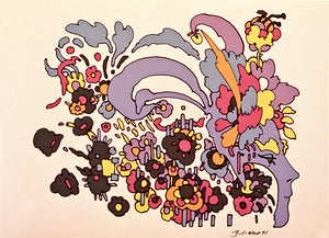 Graphic drawing of a profile with flowers and clouds zooming out of her head and floating all around.