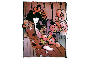 woman in a brown dress sits on a couch and she is surrounded by flowers.