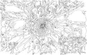 Black and white drawing of many profiles and jagged shapes shooting out from the center.