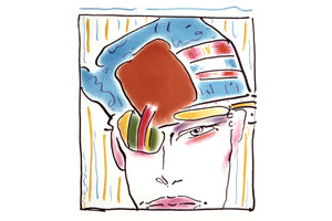 Watercolor portrait of a face with a hat on and an eye patch.