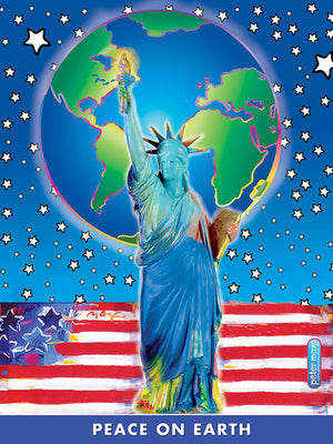 Poster featuring the earth, an American flag and the Statue of Liberty made to benefit 9/11 charities.