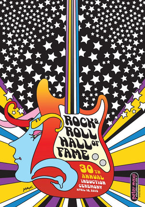 Poster for Rock and Roll Hall of Fame 30th annual induction ceremony featuring a cosmic profile next to a guitar surrounded by stripes of color and stars.