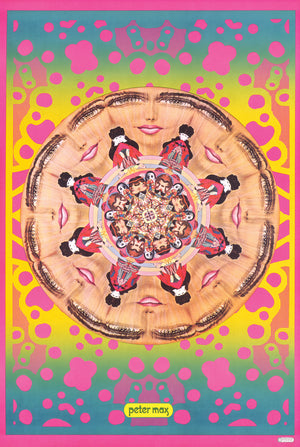 Kaleidoscopic circular image of a woman's face with hyper colors all around.
