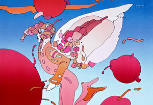 Angelic figure with wings surrounded by red planets.