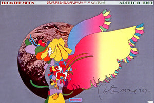 A winged person thats full of flowers standing in front of a giant Earth. 